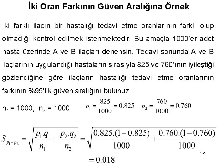 İki Oran Farkının Güven Aralığına Örnek İki farklı ilacın bir hastalığı tedavi etme oranlarının