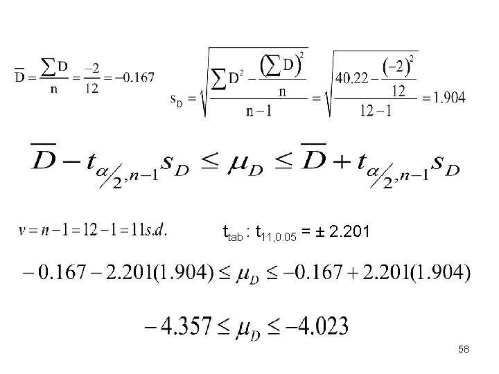 ttab : t 11, 0. 05 = ± 2. 201 58 