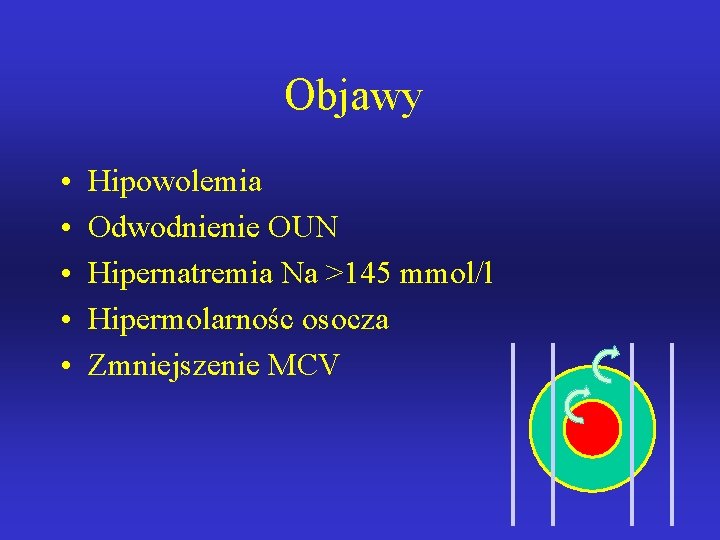 Objawy • • • Hipowolemia Odwodnienie OUN Hipernatremia Na >145 mmol/l Hipermolarnośc osocza Zmniejszenie