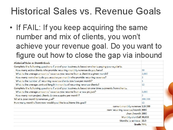 Historical Sales vs. Revenue Goals • If FAIL: If you keep acquiring the same