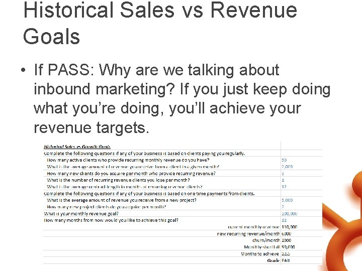 Historical Sales vs Revenue Goals • If PASS: Why are we talking about inbound