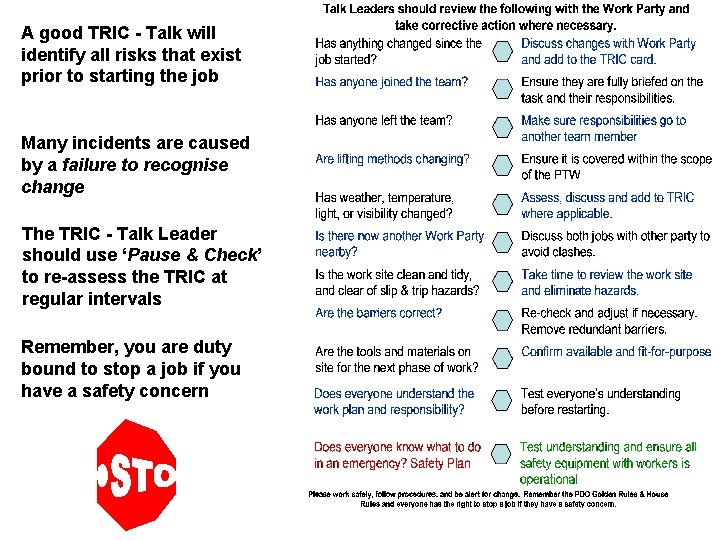 A good TRIC - Talk will identify all risks that exist prior to starting