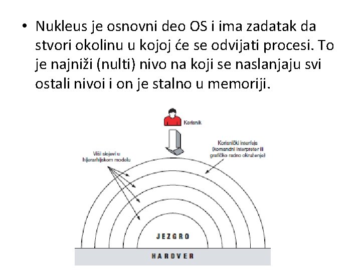  • Nukleus je osnovni deo OS i ima zadatak da stvori okolinu u