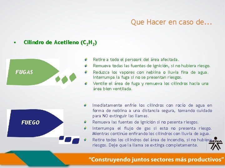 Que Hacer en caso de. . . • Cilindro de Acetileno (C 2 H