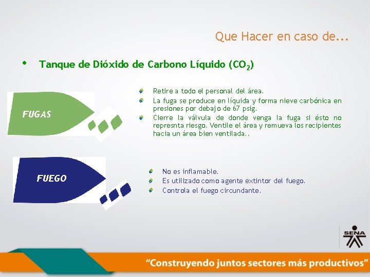 Que Hacer en caso de. . . • Tanque de Dióxido de Carbono Líquido