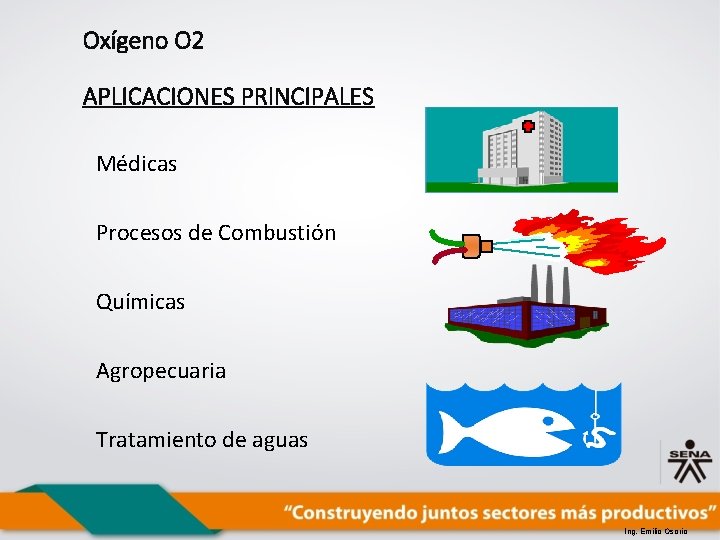 Oxígeno O 2 APLICACIONES PRINCIPALES Médicas Procesos de Combustión Químicas Agropecuaria Tratamiento de aguas