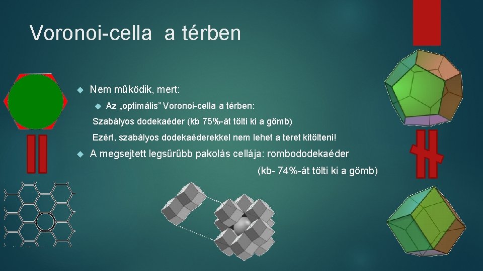 Voronoi-cella a térben Nem működik, mert: Az „optimális” Voronoi-cella a térben: Szabályos dodekaéder (kb