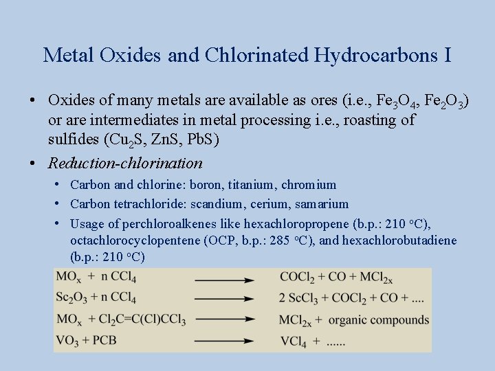 Metal Oxides and Chlorinated Hydrocarbons I • Oxides of many metals are available as