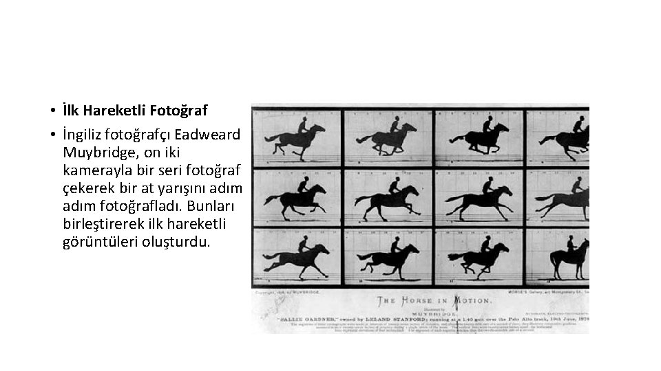  • İlk Hareketli Fotoğraf • İngiliz fotoğrafçı Eadweard Muybridge, on iki kamerayla bir