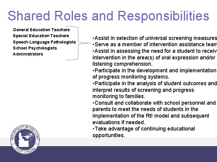 Shared Roles and Responsibilities General Education Teachers Special Education Teachers Speech-Language Pathologists School Psychologists