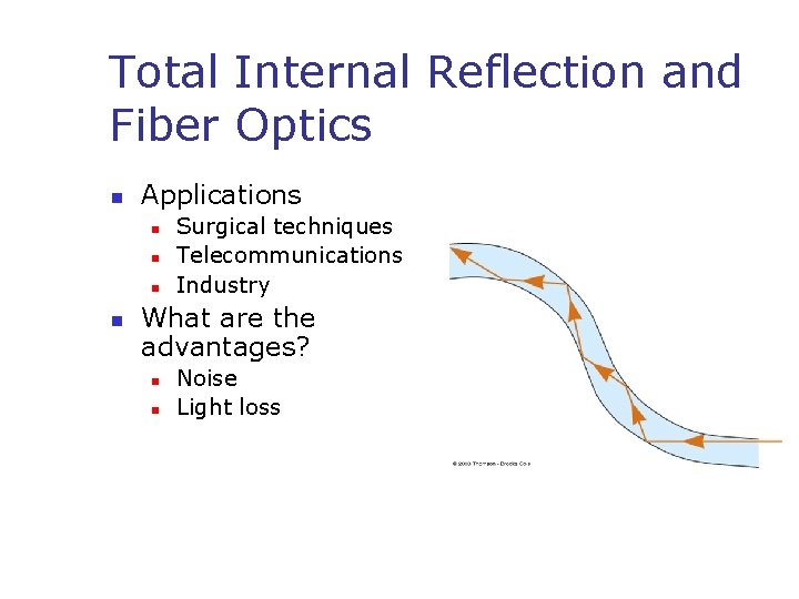 Total Internal Reflection and Fiber Optics n Applications n n Surgical techniques Telecommunications Industry