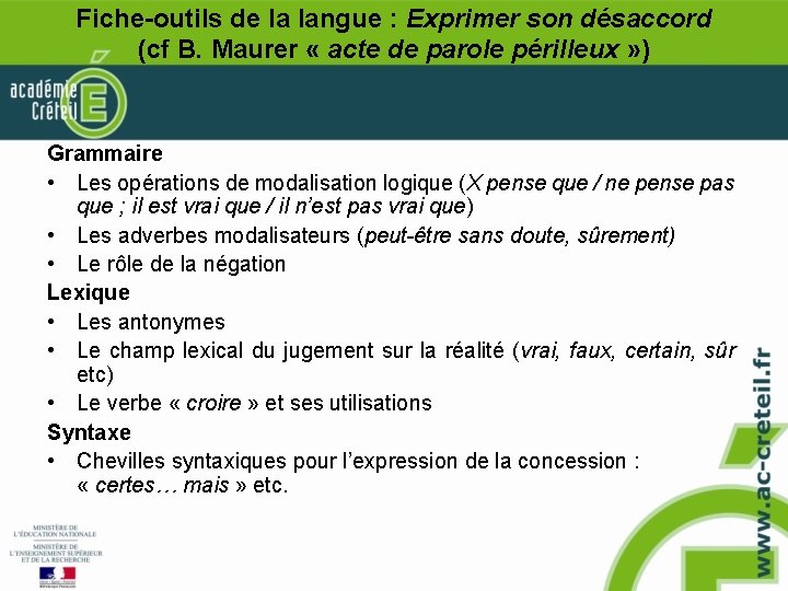 Fiche-outils de la langue : Exprimer son désaccord (cf B. Maurer « acte de