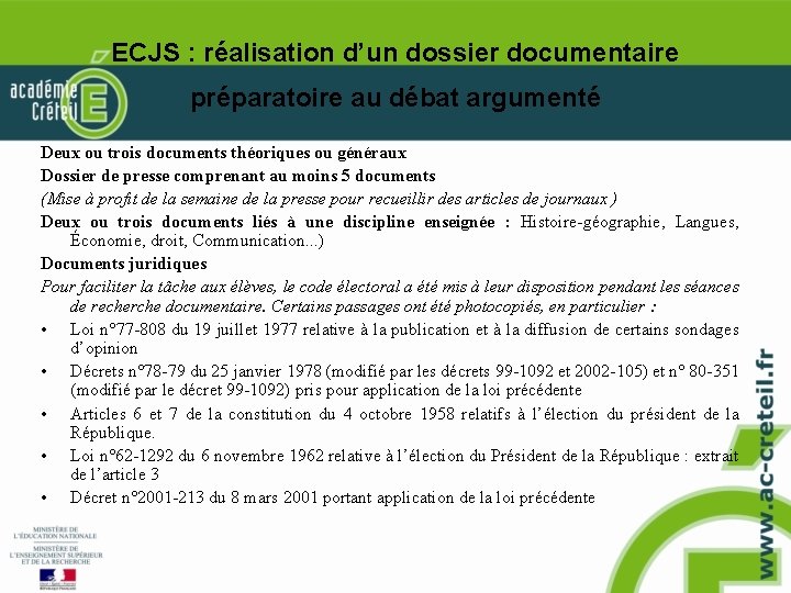 ECJS : réalisation d’un dossier documentaire préparatoire au débat argumenté Deux ou trois documents