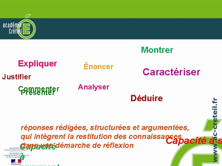 Montrer Expliquer Énoncer Justifier Commenter Présenter Caractériser Analyser Déduire réponses rédigées, structurées et argumentées,