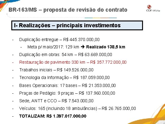 BR-163/MS – proposta de revisão do contrato I- Realizações – principais investimentos - Duplicação