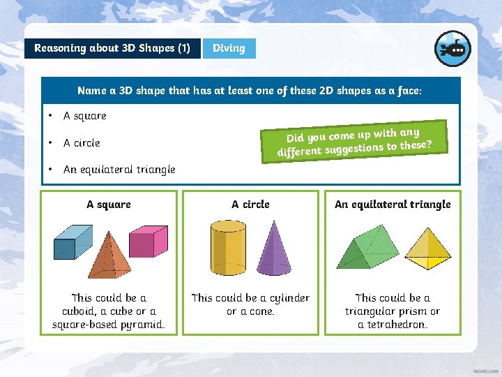 Reasoning about 3 D Shapes (1) Diving Name a 3 D shape that has