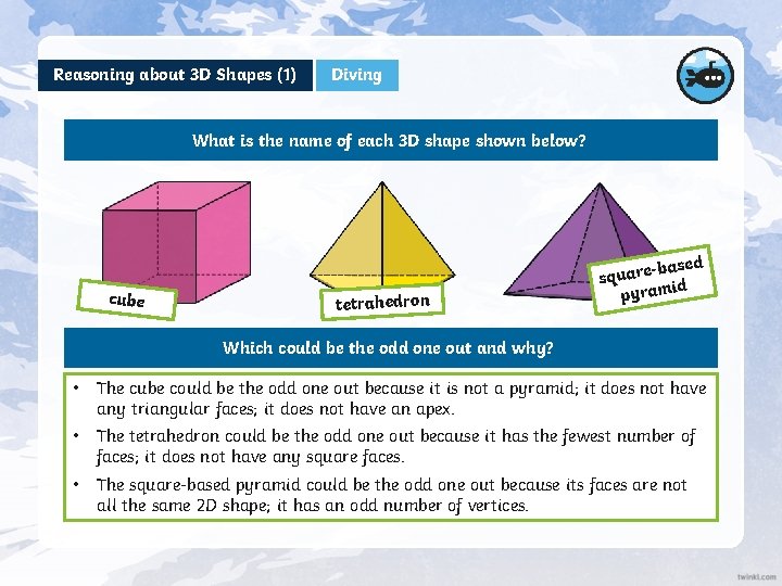 Reasoning about 3 D Shapes (1) Diving What is the name of each 3