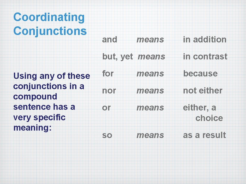 Coordinating Conjunctions Using any of these conjunctions in a compound sentence has a very