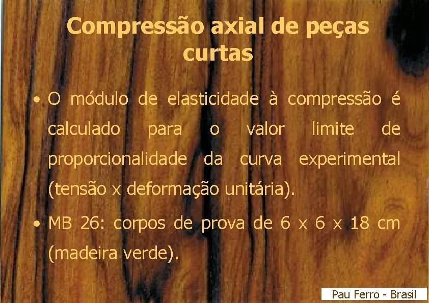 Compressão axial de peças curtas • O módulo de elasticidade à compressão é calculado