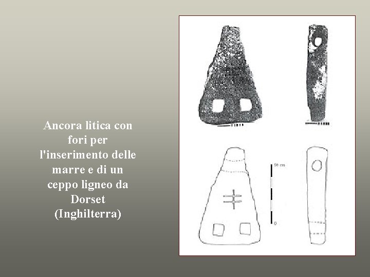 Ancora litica con fori per l'inserimento delle marre e di un ceppo ligneo da