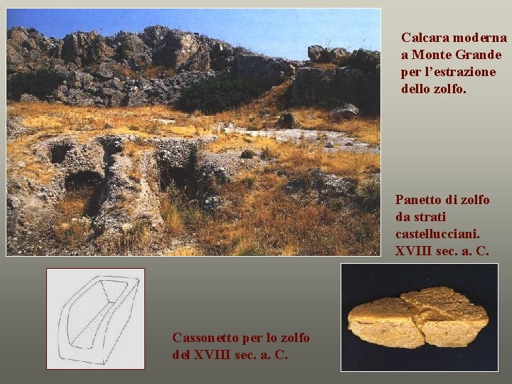 Calcara moderna a Monte Grande per l’estrazione dello zolfo. Panetto di zolfo da strati