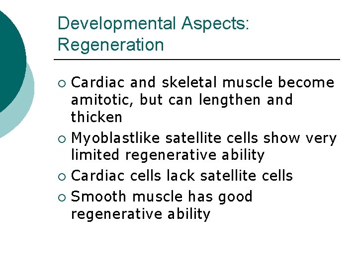 Developmental Aspects: Regeneration Cardiac and skeletal muscle become amitotic, but can lengthen and thicken