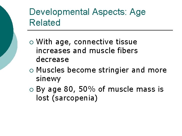 Developmental Aspects: Age Related With age, connective tissue increases and muscle fibers decrease ¡ Developmental Aspects: Age Related With age, connective tissue increases and muscle fibers decrease ¡