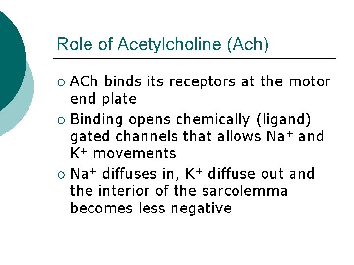 Role of Acetylcholine (Ach) ACh binds its receptors at the motor end plate ¡