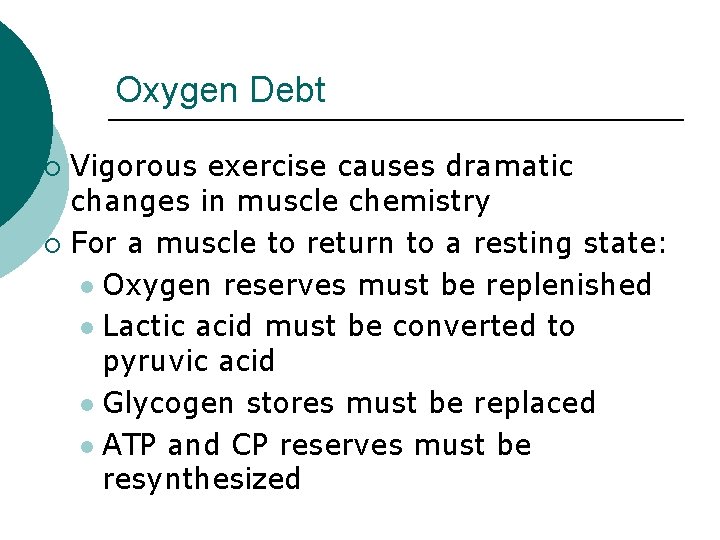 Oxygen Debt Vigorous exercise causes dramatic changes in muscle chemistry ¡ For a muscle