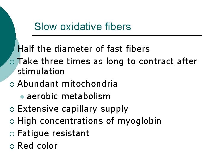 Slow oxidative fibers Half the diameter of fast fibers ¡ Take three times as