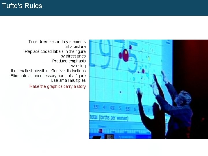Tufte's Rules Information Tools - Data Display Thoughts Tone down secondary elements of a