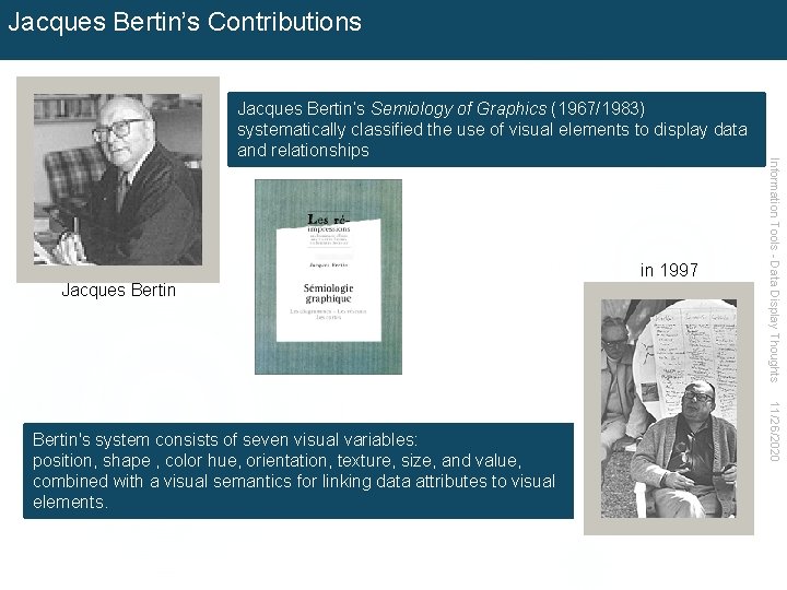 Jacques Bertin’s Contributions Jacques Bertin 11/26/2020 Bertin's system consists of seven visual variables: position,