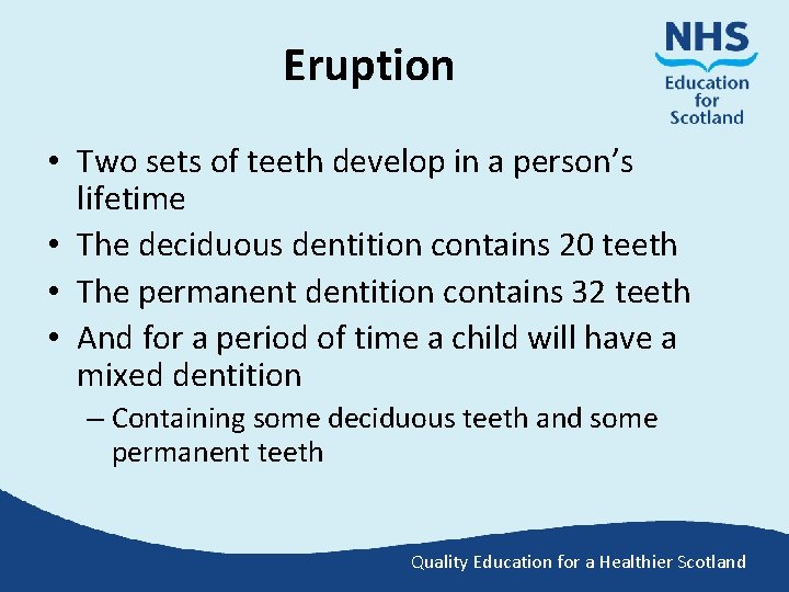 Eruption • Two sets of teeth develop in a person’s lifetime • The deciduous