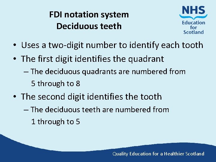 FDI notation system Deciduous teeth • Uses a two-digit number to identify each tooth