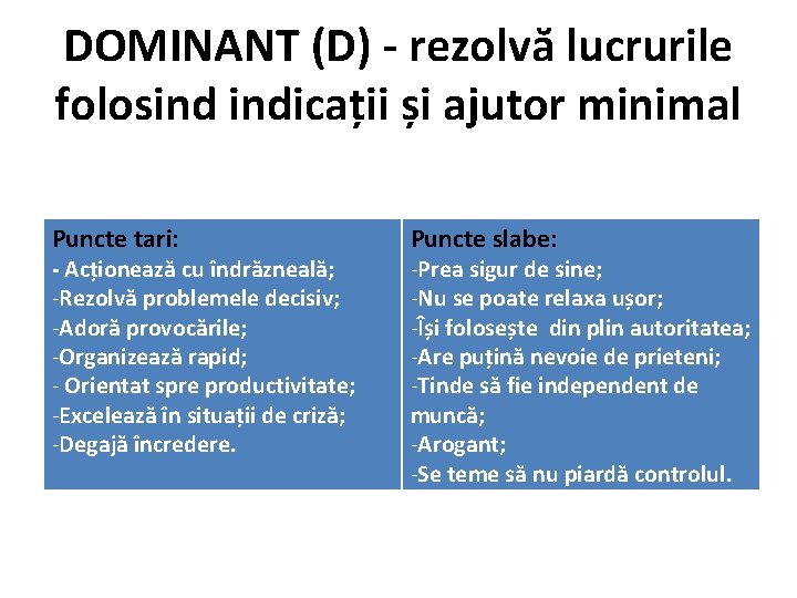 DOMINANT (D) - rezolvă lucrurile folosind indicații și ajutor minimal Puncte tari: - Acționează