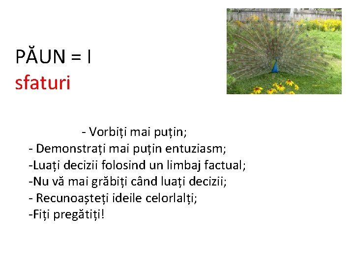 PĂUN = I sfaturi - Vorbiți mai puțin; - Demonstrați mai puțin entuziasm; -Luați