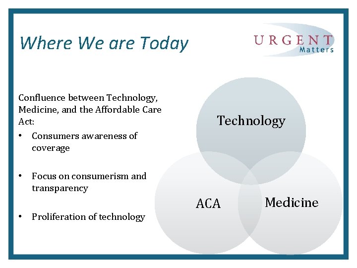 Where We are Today Confluence between Technology, Medicine, and the Affordable Care Act: •