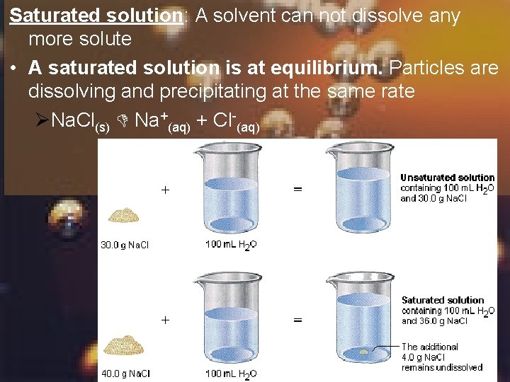 Saturated solution: A solvent can not dissolve any more solute • A saturated solution