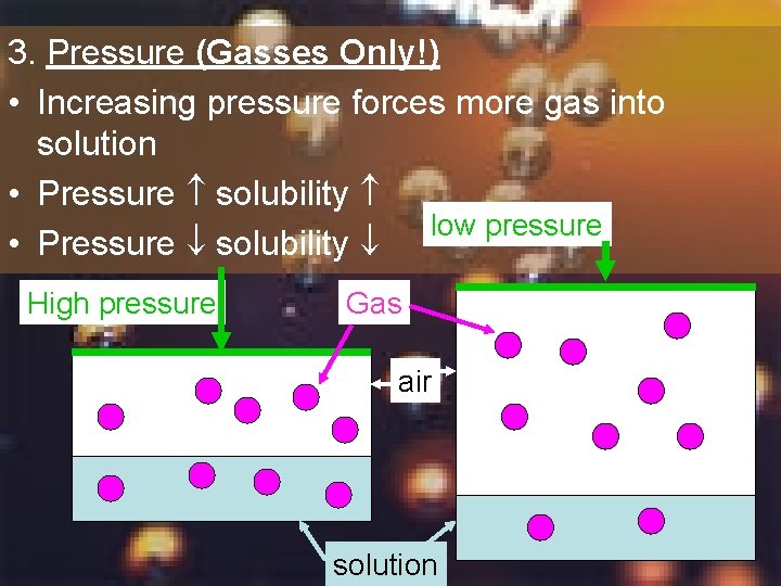 3. Pressure (Gasses Only!) • Increasing pressure forces more gas into solution • Pressure