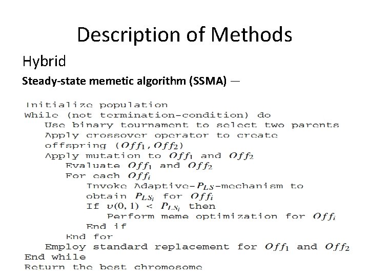 Description of Methods Hybrid Steady-state memetic algorithm (SSMA) — 