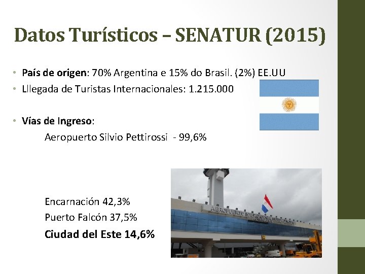 Datos Turísticos – SENATUR (2015) • País de origen: 70% Argentina e 15% do