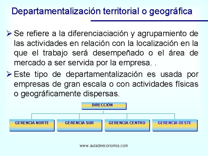 Departamentalización territorial o geográfica Ø Se refiere a la diferenciaciación y agrupamiento de las