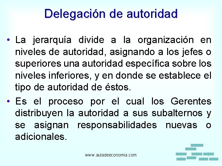 Delegación de autoridad • La jerarquía divide a la organización en niveles de autoridad,