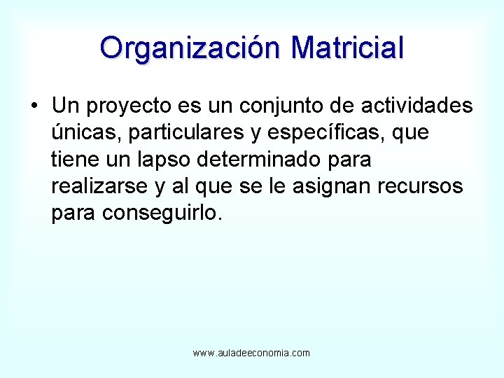 Organización Matricial • Un proyecto es un conjunto de actividades únicas, particulares y específicas,