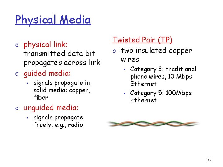 Physical Media o physical link: transmitted data bit propagates across link o guided media: