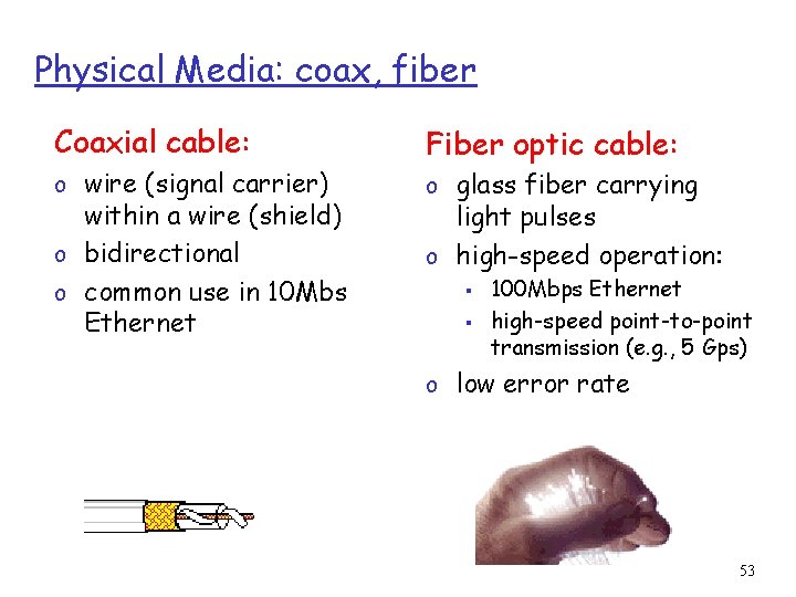 Physical Media: coax, fiber Coaxial cable: o wire (signal carrier) within a wire (shield)