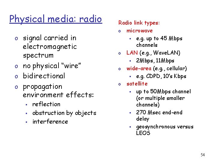 Physical media: radio o signal carried in electromagnetic spectrum o no physical “wire” o