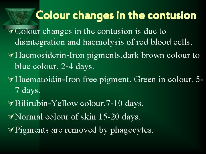 Colour changes in the contusion Ú Colour changes in the contusion is due to