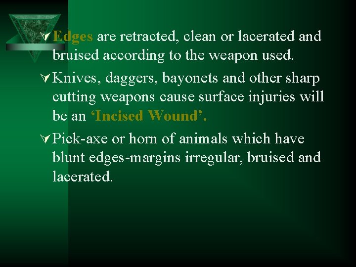 Ú Edges are retracted, clean or lacerated and bruised according to the weapon used.