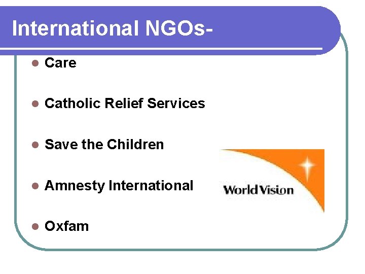 International NGOsl Care l Catholic Relief Services l Save the Children l Amnesty International